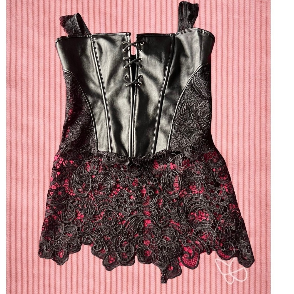 Black Faux Leather and Lace Corset Top Peplum Gothic Clubwear XL Goth Whimsigoth